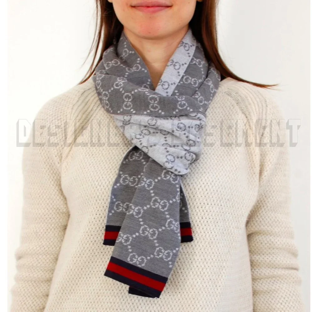 GUCCI gray & white SOLANGE Original GG red & blue WEB wool reversible long scarf